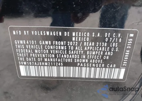 2017 Volkswagen Jetta 1.4T S z USA, uszkodzony, nr VIN 3VW167AJ8HM211245